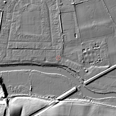 Shaded relief map of the ground around BH212FL, computed from Environment Agency LiDAR. The ground here sits at about 18 m above sea level and falls 17 m across the surrounding 800 m. Surface water reaching this point runs off ground lying to the north-west, 0.7 m higher.