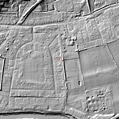 Shaded relief map of the ground around BH212FR, computed from Environment Agency LiDAR. The ground here sits at about 18 m above sea level and falls 12 m across the surrounding 800 m. Surface water reaching this point runs off ground lying to the south-south-east, 0.8 m higher.