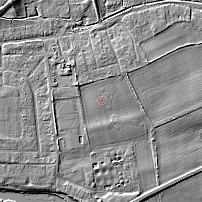 Shaded relief map of the ground around BH212FS, computed from Environment Agency LiDAR. The ground here sits at about 18 m above sea level and falls 9 m across the surrounding 800 m. The ground contributing surface water to this point lies to the north-east.