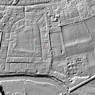Shaded relief map of the ground around BH212FW, computed from Environment Agency LiDAR. The ground here sits at about 18 m above sea level and falls 11 m across the surrounding 800 m. Surface water reaching this point runs off ground lying to the west, 1.8 m higher.