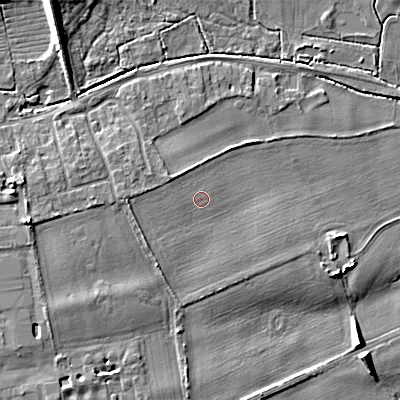 Shaded relief map of the ground around BH212GA, computed from Environment Agency LiDAR. The ground here sits at about 18 m above sea level and falls 11 m across the surrounding 800 m. Surface water reaching this point runs off ground lying to the north-west, 1.2 m higher.