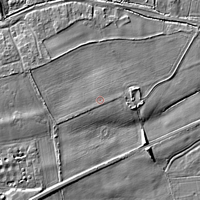 Shaded relief map of the ground around BH212GF, computed from Environment Agency LiDAR. The ground here sits at about 18 m above sea level and falls 7 m across the surrounding 800 m. The ground contributing surface water to this point lies to the south-east.