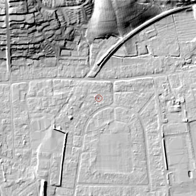 Shaded relief map of the ground around BH212GJ, computed from Environment Agency LiDAR. The ground here sits at about 18 m above sea level and falls 29 m across the surrounding 800 m. Surface water reaching this point runs off ground lying to the west, 0.9 m higher.