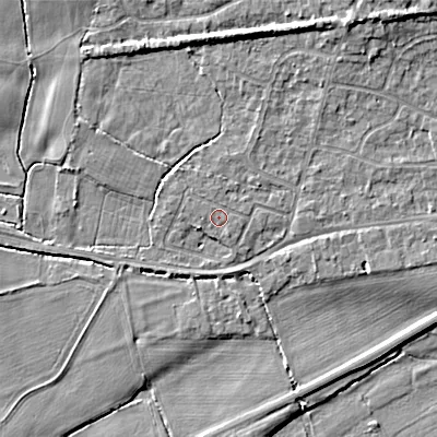 Shaded relief map of the ground around BH212JJ, computed from Environment Agency LiDAR. The ground here sits at about 18 m above sea level and falls 9 m across the surrounding 800 m. The ground contributing surface water to this point lies to the west-north-west.