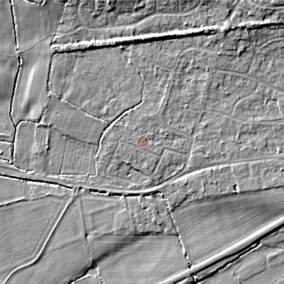 Shaded relief map of the ground around BH212JL, computed from Environment Agency LiDAR. The ground here sits at about 18 m above sea level and falls 11 m across the surrounding 800 m. Surface water reaching this point runs off ground lying to the north-north-west, 0.7 m higher.