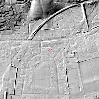 Shaded relief map of the ground around BH212TS, computed from Environment Agency LiDAR. The ground here sits at about 18 m above sea level and falls 25 m across the surrounding 800 m. Surface water reaching this point runs off ground lying to the south-east, 1.2 m higher.