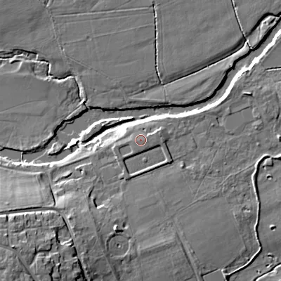 Shaded relief map of the ground around BH213AD, computed from Environment Agency LiDAR. The ground here sits at about 19 m above sea level and falls 18 m across the surrounding 800 m. The ground contributing surface water to this point lies to the east.