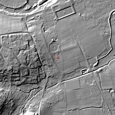 Shaded relief map of the ground around BH213AF, computed from Environment Agency LiDAR. The ground here sits at about 21 m above sea level and falls 18 m across the surrounding 800 m. Surface water reaching this point runs off ground lying to the west-north-west, 2.1 m higher.