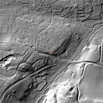 Shaded relief map of the ground around BH213AG, computed from Environment Agency LiDAR. The ground here sits at about 31 m above sea level and falls 24 m across the surrounding 800 m. Surface water reaching this point runs off ground lying to the west, 1.2 m higher.