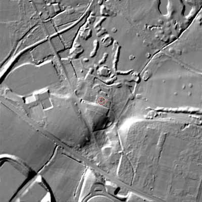 Shaded relief map of the ground around BH213AR, computed from Environment Agency LiDAR. The ground here sits at about 24 m above sea level and falls 23 m across the surrounding 800 m. Surface water reaching this point runs off ground lying to the south-south-west, 4.4 m higher.