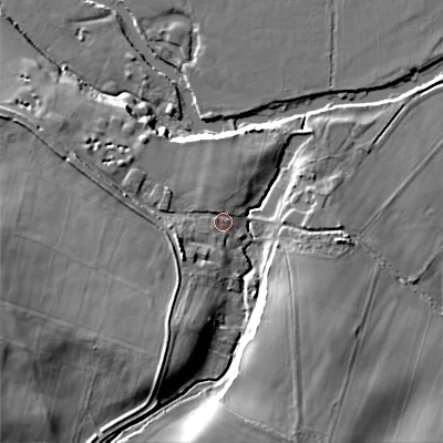 Shaded relief map of the ground around BH213AS, computed from Environment Agency LiDAR. The ground here sits at about 18 m above sea level and falls 18 m across the surrounding 800 m. Surface water reaching this point runs off ground lying to the west-south-west, 12.0 m higher.