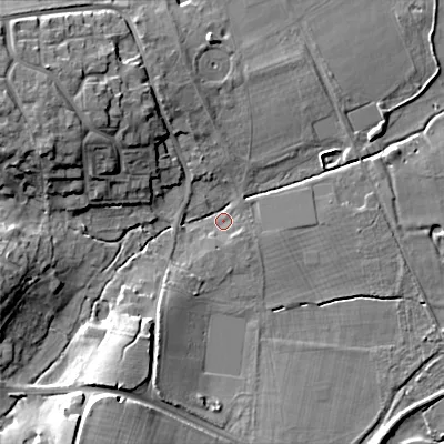 Shaded relief map of the ground around BH213BS, computed from Environment Agency LiDAR. The ground here sits at about 20 m above sea level and falls 15 m across the surrounding 800 m. Surface water reaching this point runs off ground lying to the west-north-west, 12.3 m higher.