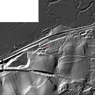 Shaded relief map of the ground around BH213EF, computed from Environment Agency LiDAR. The ground here sits at about 29 m above sea level and falls 42 m across the surrounding 800 m. Surface water reaching this point runs off ground lying to the south, 14.0 m higher.
