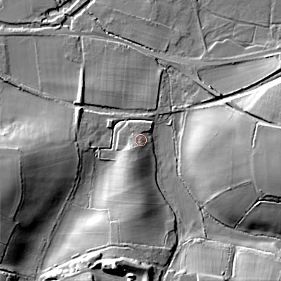 Shaded relief map of the ground around BH213RG, computed from Environment Agency LiDAR. The ground here sits at about 26 m above sea level and falls 26 m across the surrounding 800 m. Surface water reaching this point runs off ground lying to the south-west, 4.3 m higher.
