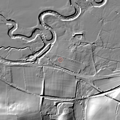 Shaded relief map of the ground around BH213RH, computed from Environment Agency LiDAR. The ground here sits at about 22 m above sea level and falls 20 m across the surrounding 800 m. Surface water reaching this point runs off ground lying to the east, 1.2 m higher.