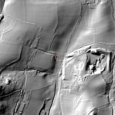 Shaded relief map of the ground around BH213RJ, computed from Environment Agency LiDAR. The ground here sits at about 26 m above sea level and falls 48 m across the surrounding 800 m. Surface water reaching this point runs off ground lying to the west-south-west, 44.1 m higher.