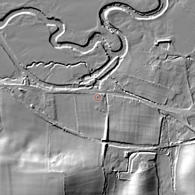 Shaded relief map of the ground around BH213RQ, computed from Environment Agency LiDAR. The ground here sits at about 23 m above sea level and falls 24 m across the surrounding 800 m. Surface water reaching this point runs off ground lying to the north-east, 0.9 m higher.