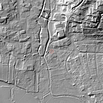 Shaded relief map of the ground around BH213YH, computed from Environment Agency LiDAR. The ground here sits at about 18 m above sea level and falls 27 m across the surrounding 800 m. Surface water reaching this point runs off ground lying to the north-east, 25.3 m higher.