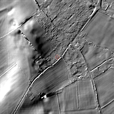 Shaded relief map of the ground around BH214AD, computed from Environment Agency LiDAR. The ground here sits at about 27 m above sea level and falls 20 m across the surrounding 800 m. Surface water reaching this point runs off ground lying to the south-west, 15.9 m higher.