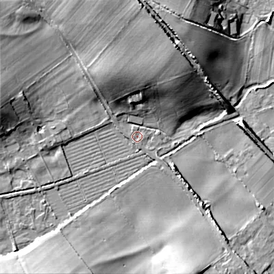 Shaded relief map of the ground around BH214AQ, computed from Environment Agency LiDAR. The ground here sits at about 26 m above sea level and falls 14 m across the surrounding 800 m. Surface water reaching this point runs off ground lying to the north-north-west, 12.0 m higher.
