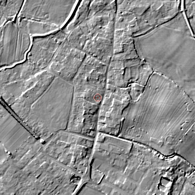 Shaded relief map of the ground around BH214AT, computed from Environment Agency LiDAR. The ground here sits at about 25 m above sea level and falls 7 m across the surrounding 800 m. Surface water reaching this point runs off ground lying to the west-south-west, 4.0 m higher.
