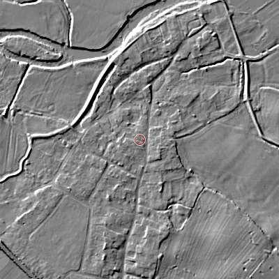 Shaded relief map of the ground around BH214AU, computed from Environment Agency LiDAR. The ground here sits at about 25 m above sea level and falls 6 m across the surrounding 800 m. Surface water reaching this point runs off ground lying to the east-south-east, 1.3 m higher.