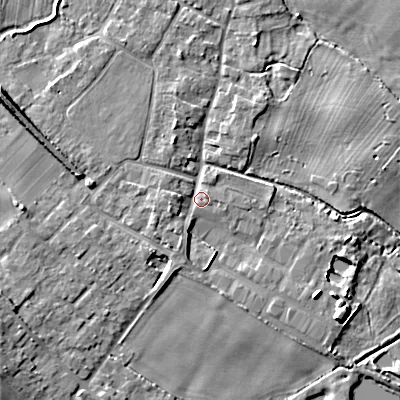 Shaded relief map of the ground around BH214AY, computed from Environment Agency LiDAR. The ground here sits at about 25 m above sea level and falls 7 m across the surrounding 800 m. Surface water reaching this point runs off ground lying to the west-south-west, 2.6 m higher.