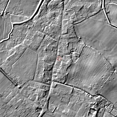 Shaded relief map of the ground around BH214AZ, computed from Environment Agency LiDAR. The ground here sits at about 24 m above sea level and falls 6 m across the surrounding 800 m. Surface water reaching this point runs off ground lying to the west-south-west, 4.0 m higher.