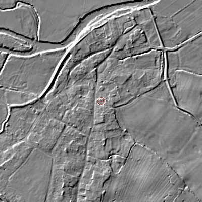 Shaded relief map of the ground around BH214BA, computed from Environment Agency LiDAR. The ground here sits at about 25 m above sea level and falls 5 m across the surrounding 800 m. Surface water reaching this point runs off ground lying to the south, 1.5 m higher.