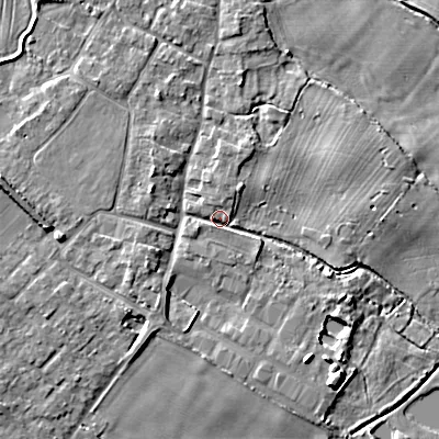 Shaded relief map of the ground around BH214BD, computed from Environment Agency LiDAR. The ground here sits at about 25 m above sea level and falls 6 m across the surrounding 800 m. Surface water reaching this point runs off ground lying to the west, 4.2 m higher.