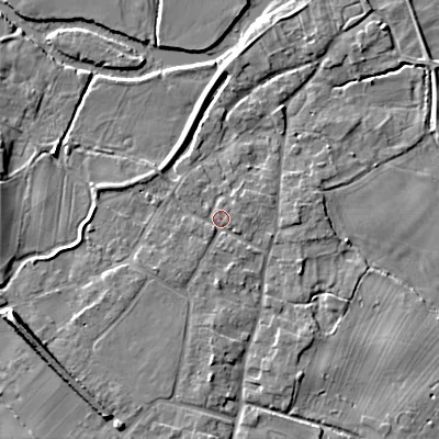 Shaded relief map of the ground around BH214BG, computed from Environment Agency LiDAR. The ground here sits at about 25 m above sea level and falls 8 m across the surrounding 800 m. Surface water reaching this point runs off ground lying to the south-west, 1.3 m higher.