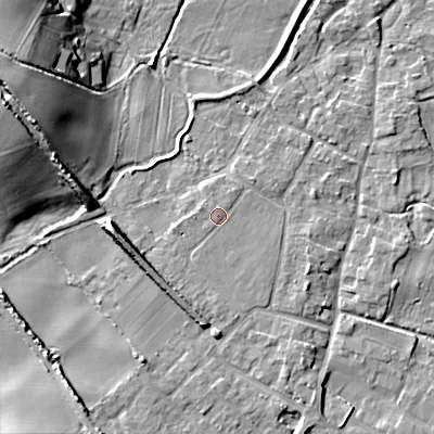 Shaded relief map of the ground around BH214BH, computed from Environment Agency LiDAR. The ground here sits at about 26 m above sea level and falls 14 m across the surrounding 800 m. Surface water reaching this point runs off ground lying to the south-west, 2.7 m higher.