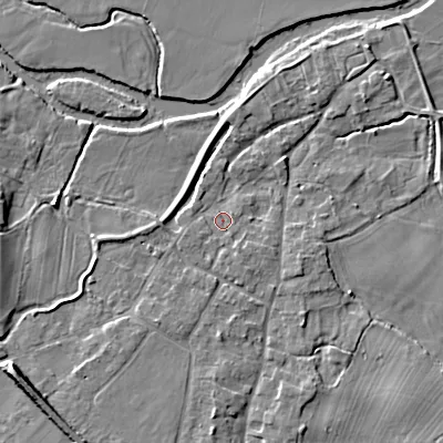 Shaded relief map of the ground around BH214BJ, computed from Environment Agency LiDAR. The ground here sits at about 24 m above sea level and falls 8 m across the surrounding 800 m. Surface water reaching this point runs off ground lying to the west-south-west, 0.8 m higher.