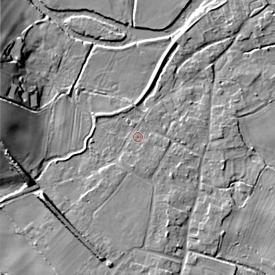 Shaded relief map of the ground around BH214BL, computed from Environment Agency LiDAR. The ground here sits at about 25 m above sea level and falls 13 m across the surrounding 800 m. Surface water reaching this point runs off ground lying to the south, 1.7 m higher.