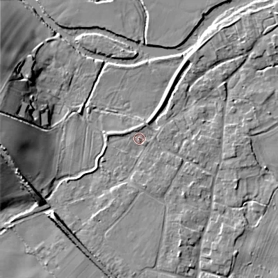 Shaded relief map of the ground around BH214BN, computed from Environment Agency LiDAR. The ground here sits at about 25 m above sea level and falls 14 m across the surrounding 800 m. Surface water reaching this point runs off ground lying to the south, 2.0 m higher.
