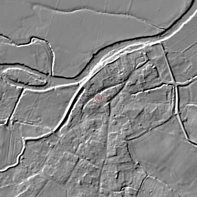 Shaded relief map of the ground around BH214BP, computed from Environment Agency LiDAR. The ground here sits at about 24 m above sea level and falls 4 m across the surrounding 800 m. Surface water reaching this point runs off ground lying to the north-north-west, 2.2 m higher.