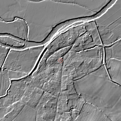 Shaded relief map of the ground around BH214BS, computed from Environment Agency LiDAR. The ground here sits at about 24 m above sea level and falls 4 m across the surrounding 800 m. Surface water reaching this point runs off ground lying to the south-south-east, 2.5 m higher.