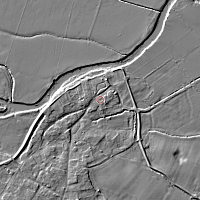 Shaded relief map of the ground around BH214BU, computed from Environment Agency LiDAR. The ground here sits at about 25 m above sea level and falls 4 m across the surrounding 800 m. Surface water reaching this point runs off ground lying to the west-north-west, 1.2 m higher.