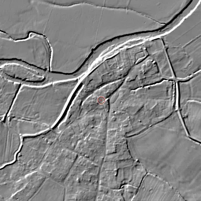 Shaded relief map of the ground around BH214BW, computed from Environment Agency LiDAR. The ground here sits at about 24 m above sea level and falls 4 m across the surrounding 800 m. Surface water reaching this point runs off ground lying to the east, 1.2 m higher.