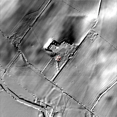 Shaded relief map of the ground around BH214BY, computed from Environment Agency LiDAR. The ground here sits at about 27 m above sea level and falls 20 m across the surrounding 800 m. Surface water reaching this point runs off ground lying to the north-north-west, 2.3 m higher.