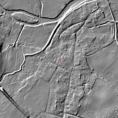 Shaded relief map of the ground around BH214DD, computed from Environment Agency LiDAR. The ground here sits at about 25 m above sea level and falls 8 m across the surrounding 800 m. Surface water reaching this point runs off ground lying to the east-north-east, 1.1 m higher.