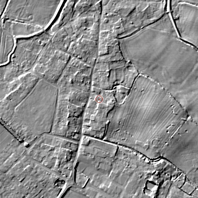 Shaded relief map of the ground around BH214DE, computed from Environment Agency LiDAR. The ground here sits at about 25 m above sea level and falls 6 m across the surrounding 800 m. Surface water reaching this point runs off ground lying to the south-east, 1.4 m higher.