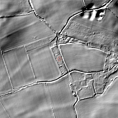 Shaded relief map of the ground around BH214EJ, computed from Environment Agency LiDAR. The ground here sits at about 21 m above sea level and falls 15 m across the surrounding 800 m. Surface water reaching this point runs off ground lying to the north-west, 0.5 m higher.