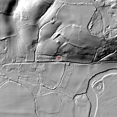 Shaded relief map of the ground around BH214EL, computed from Environment Agency LiDAR. The ground here sits at about 22 m above sea level and falls 31 m across the surrounding 800 m. Surface water reaching this point runs off ground lying to the north-north-east, 26.0 m higher.