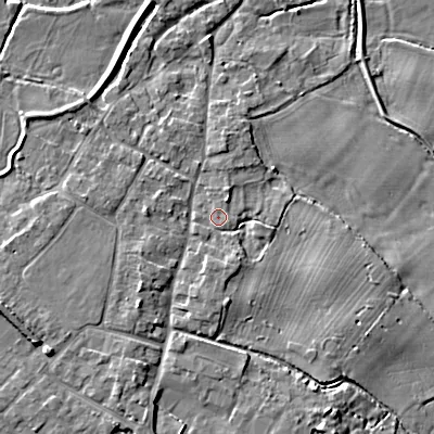 Shaded relief map of the ground around BH214ER, computed from Environment Agency LiDAR. The ground here sits at about 25 m above sea level and falls 5 m across the surrounding 800 m. Surface water reaching this point runs off ground lying to the east-south-east, 0.8 m higher.