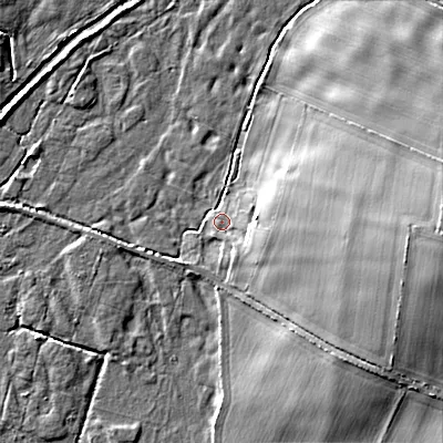 Shaded relief map of the ground around BH215AF, computed from Environment Agency LiDAR. The ground here sits at about 31 m above sea level and falls 15 m across the surrounding 800 m. Surface water reaching this point runs off ground lying to the east, 12.2 m higher.