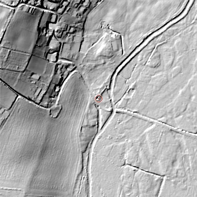 Shaded relief map of the ground around BH215AG, computed from Environment Agency LiDAR. The ground here sits at about 31 m above sea level and falls 38 m across the surrounding 800 m. Surface water reaching this point runs off ground lying to the north-west, 37.2 m higher.