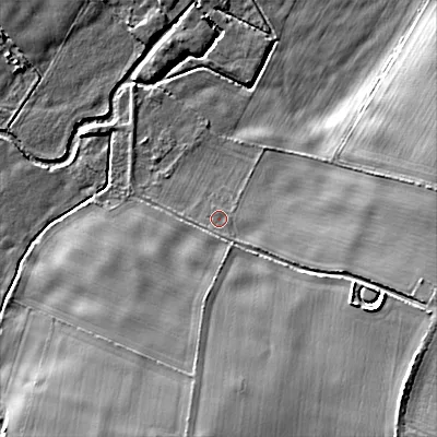 Shaded relief map of the ground around BH215AY, computed from Environment Agency LiDAR. The ground here sits at about 34 m above sea level and falls 16 m across the surrounding 800 m. Surface water reaching this point runs off ground lying to the east-south-east, 5.7 m higher.