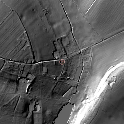 Shaded relief map of the ground around BH215DU, computed from Environment Agency LiDAR. The ground here sits at about 43 m above sea level and falls 31 m across the surrounding 800 m. Surface water reaching this point runs off ground lying to the west-north-west, 24.1 m higher.
