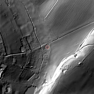 Shaded relief map of the ground around BH215DY, computed from Environment Agency LiDAR. The ground here sits at about 40 m above sea level and falls 33 m across the surrounding 800 m. Surface water reaching this point runs off ground lying to the east, 29.8 m higher.